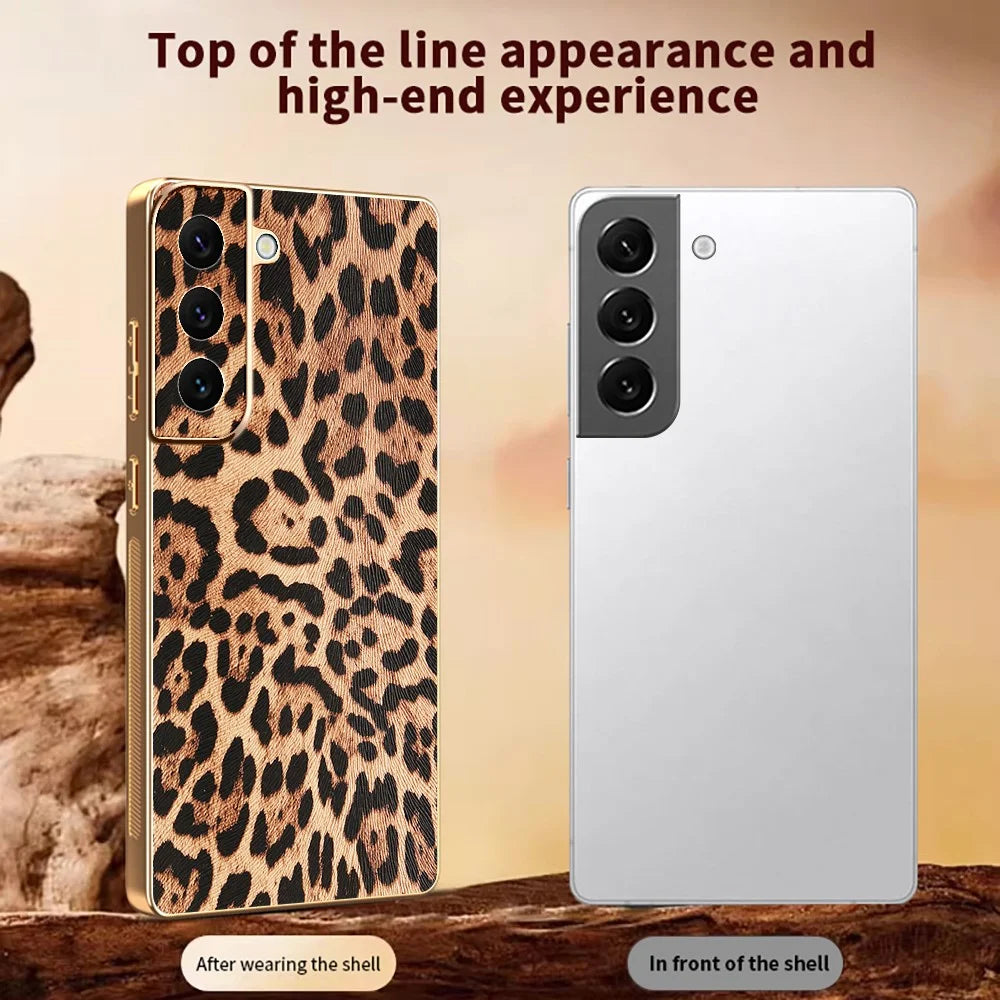 For Samsung Galaxy S22 5G Case Leopard Print PU Leather Coated PC + TPU Electroplating Phone Cover - 4
