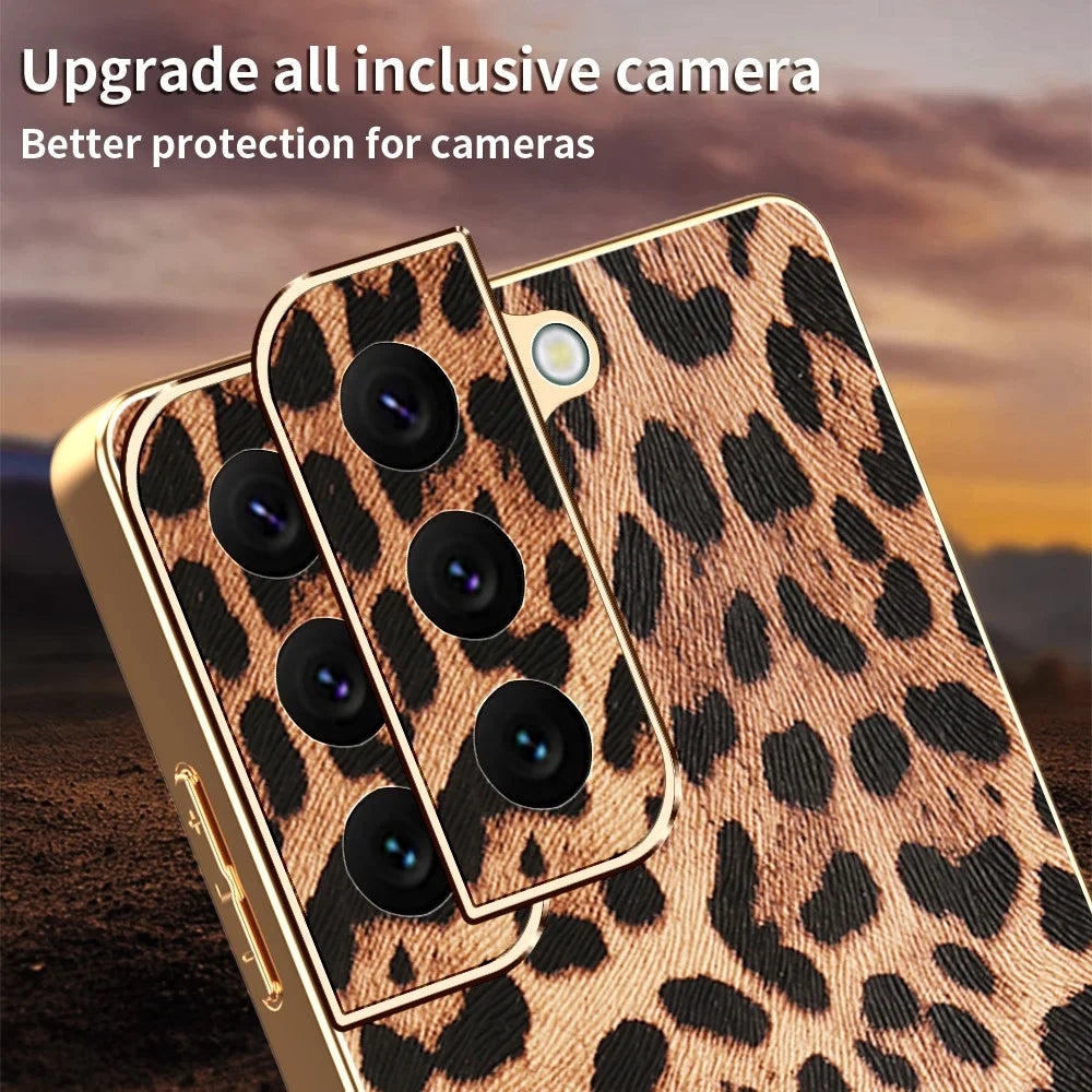 For Samsung Galaxy S22 5G Case Leopard Print PU Leather Coated PC + TPU Electroplating Phone Cover - 5