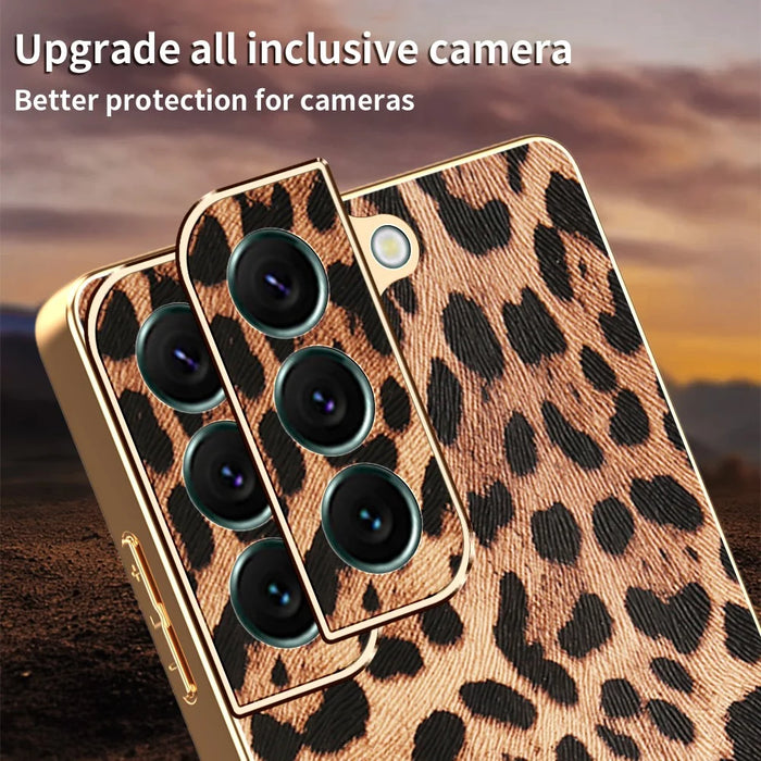 For Samsung Galaxy S22+ 5G Case Leopard Print PU Leather Coated PC + TPU Electroplating Phone Cover - 5