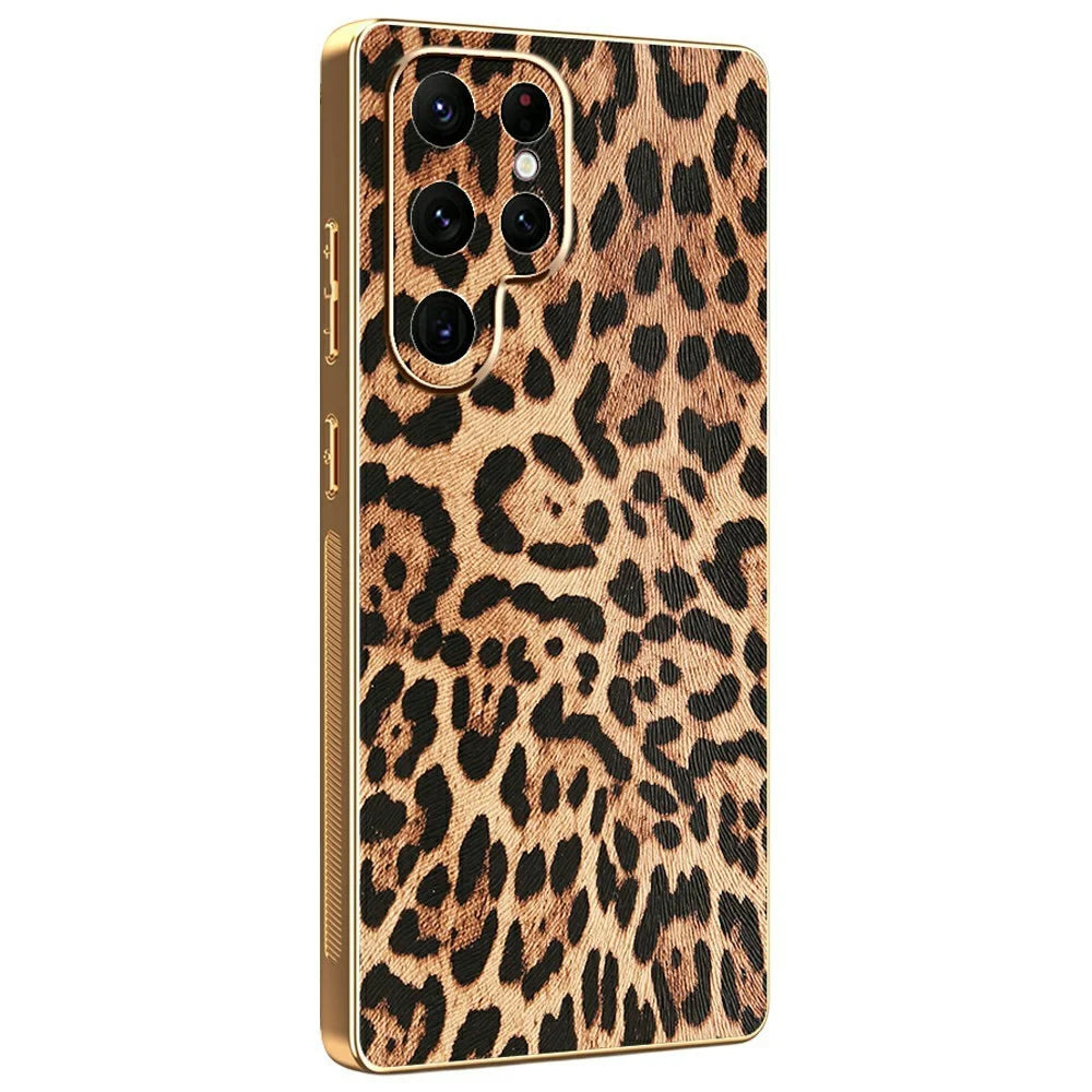 For Samsung Galaxy S22 Ultra 5G Case Leopard Print PU Leather Coated PC + TPU Electroplating Phone Cover - 1
