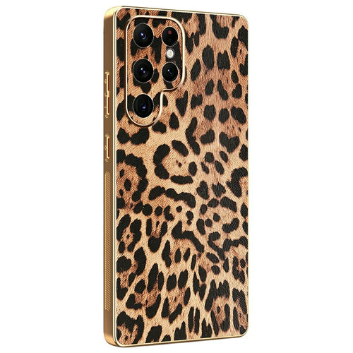 For Samsung Galaxy S22 Ultra 5G Case Leopard Print PU Leather Coated PC + TPU Electroplating Phone Cover - 1