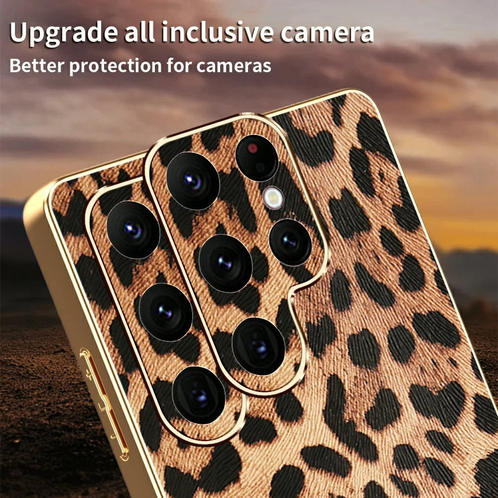 For Samsung Galaxy S22 Ultra 5G Case Leopard Print PU Leather Coated PC + TPU Electroplating Phone Cover - 4