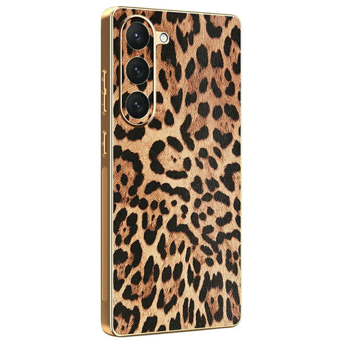 For Samsung Galaxy S23 Case Leopard Print PU Leather Coated PC + TPU Electroplating Phone Cover - 1