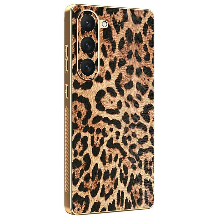 For Samsung Galaxy S23 Case Leopard Print PU Leather Coated PC + TPU Electroplating Phone Cover - 1