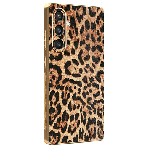 For Samsung Galaxy S23 FE Case Leopard Print PU Leather Coated PC + TPU Electroplating Phone Cover - 1