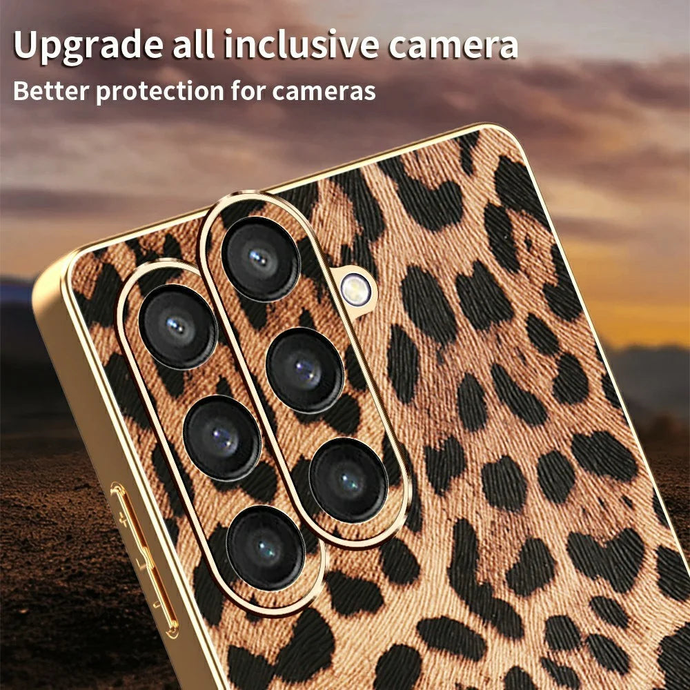 For Samsung Galaxy S23 FE Case Leopard Print PU Leather Coated PC + TPU Electroplating Phone Cover - 4