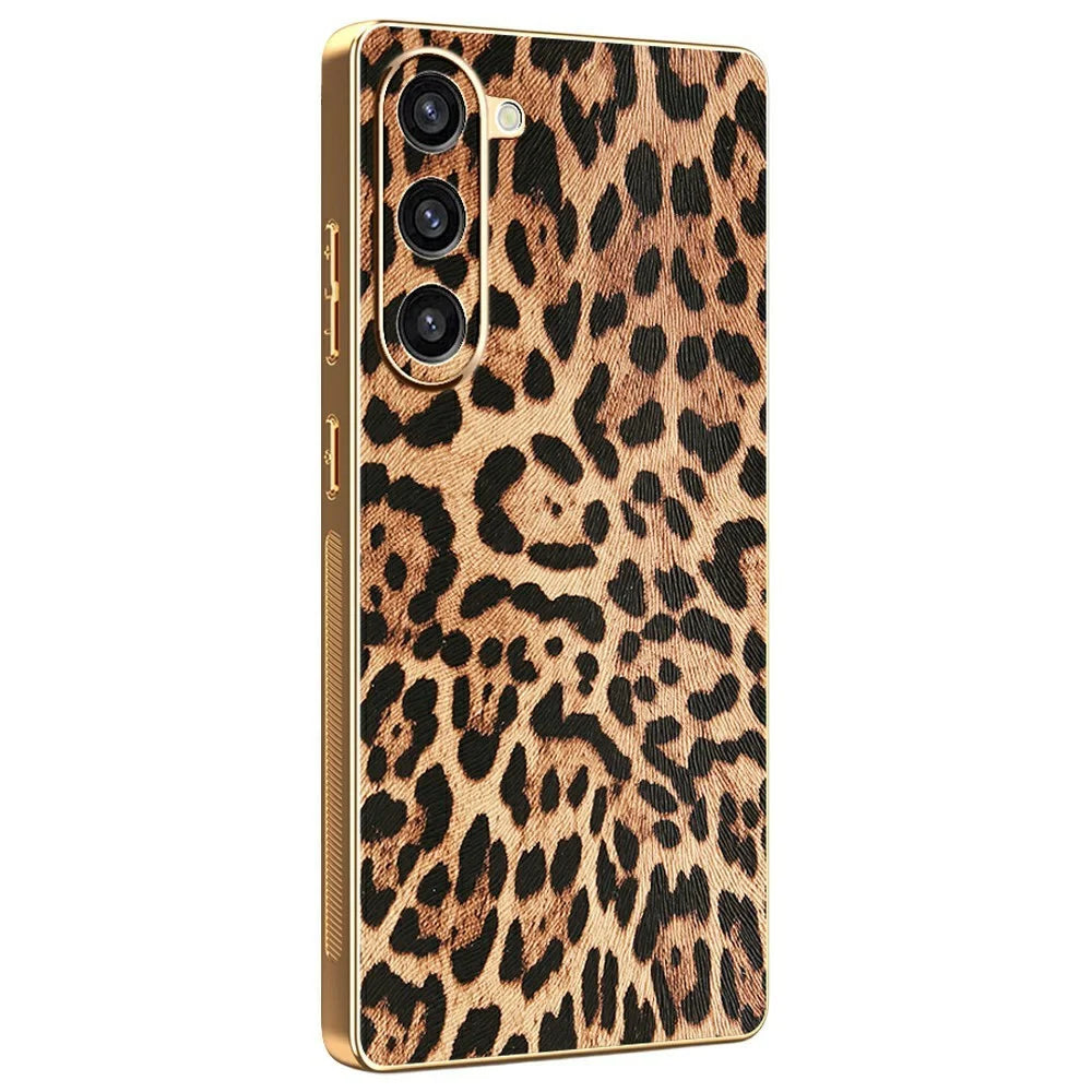For Samsung Galaxy S23+ Case Leopard Print PU Leather Coated PC + TPU Electroplating Phone Cover - 1