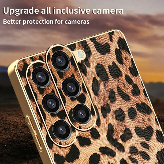 For Samsung Galaxy S23+ Case Leopard Print PU Leather Coated PC + TPU Electroplating Phone Cover - 4