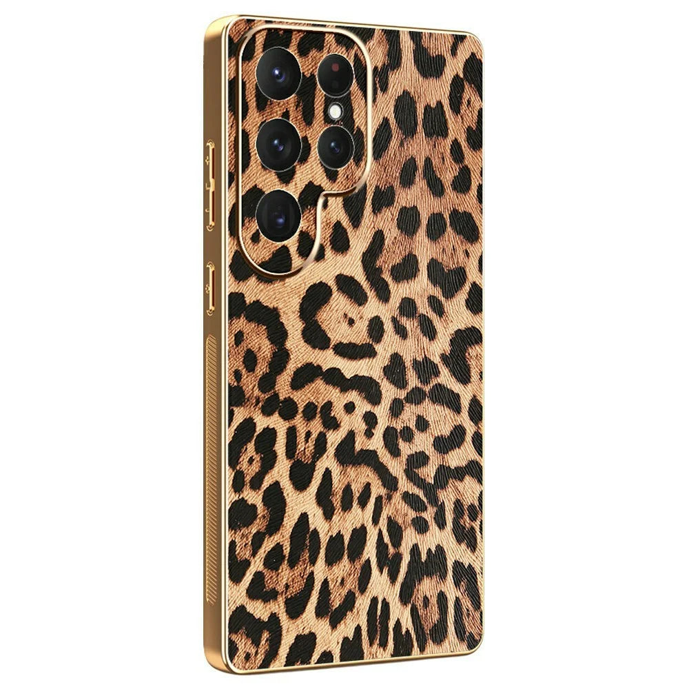 For Samsung Galaxy S23 Ultra Case Leopard Print PU Leather Coated PC + TPU Electroplating Phone Cover - 1