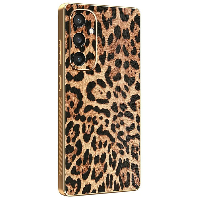 For Samsung Galaxy S24 Case Leopard Print PU Leather Coated PC + TPU Electroplating Phone Cover - 1