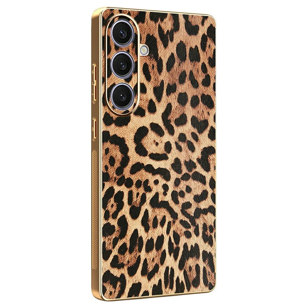 For Samsung Galaxy S24+ Case Leopard Print PU Leather Coated PC + TPU Electroplating Phone Cover - 1