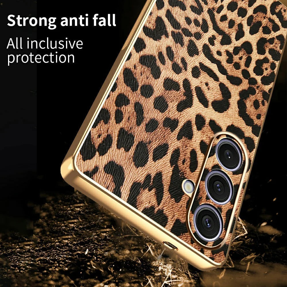 For Samsung Galaxy S24+ Case Leopard Print PU Leather Coated PC + TPU Electroplating Phone Cover - 2