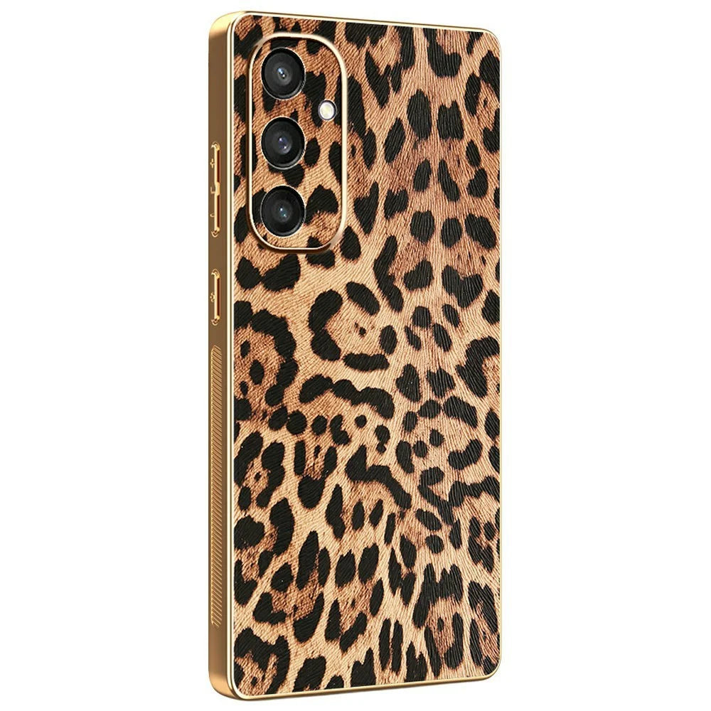 For Samsung Galaxy S25 Case Leopard Print PU Leather Coated PC + TPU Electroplating Phone Cover - 1