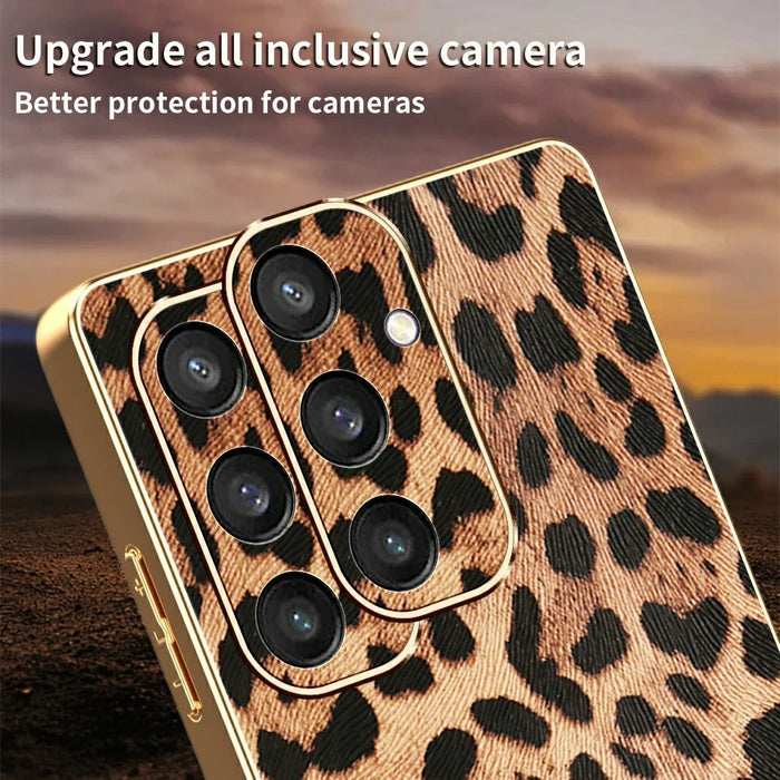 For Samsung Galaxy S25 Case Leopard Print PU Leather Coated PC + TPU Electroplating Phone Cover - 4