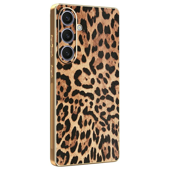 For Samsung Galaxy S25+ Case Leopard Print PU Leather Coated PC + TPU Electroplating Phone Cover - 1