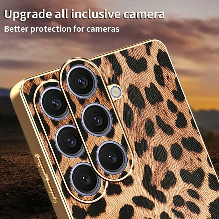 For Samsung Galaxy S25+ Case Leopard Print PU Leather Coated PC + TPU Electroplating Phone Cover - 4