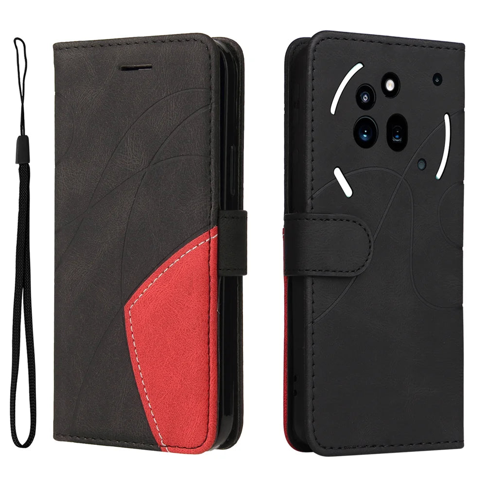 For Nothing Phone (3a) Pro Leather Phone Case Stand Wallet with Bi-colour Splicing Design - Black - 1