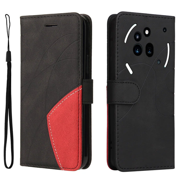 For Nothing Phone (3a) Pro Leather Phone Case Stand Wallet with Bi-colour Splicing Design - Black - 1