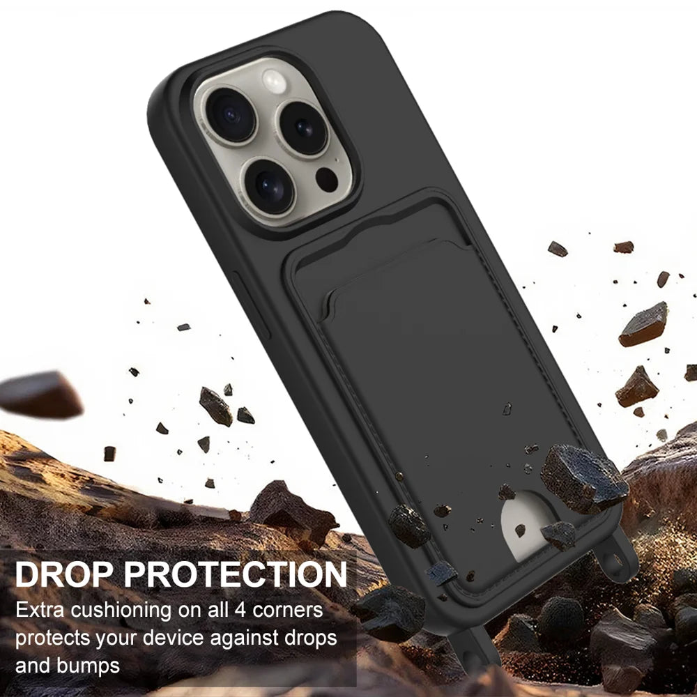 For iPhone 16 Pro Liquid Silicone Case  Phone Back Cover with Card Holder and Short Strap - Black - 5