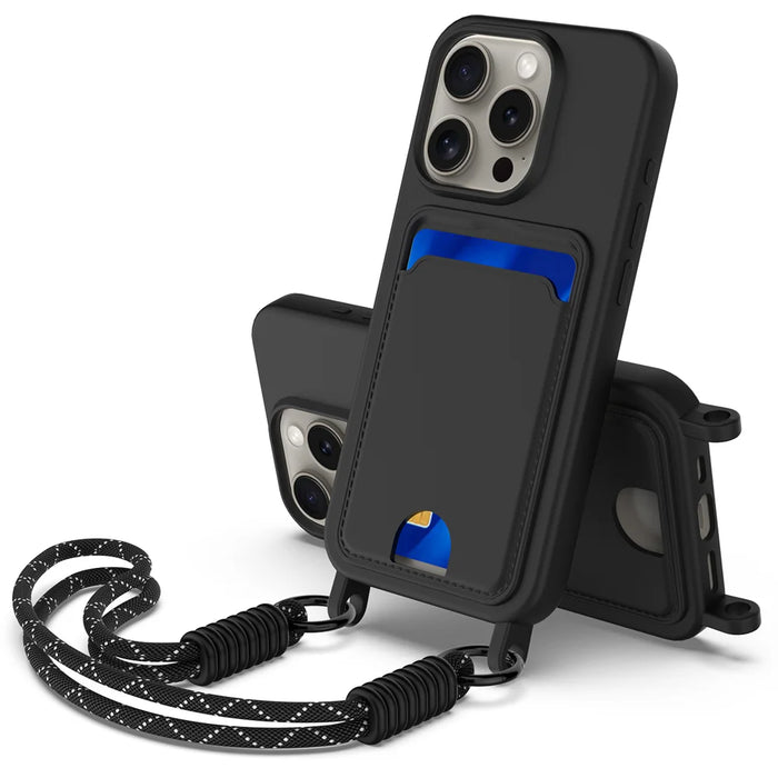 For iPhone 13 Pro Max 6.7 inch Liquid Silicone Case  Phone Back Cover with Card Holder and Short Strap - Black - 1