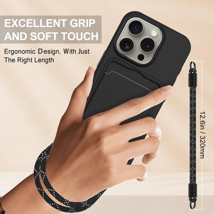 For iPhone 13 Pro Max 6.7 inch Liquid Silicone Case  Phone Back Cover with Card Holder and Short Strap - Black - 3