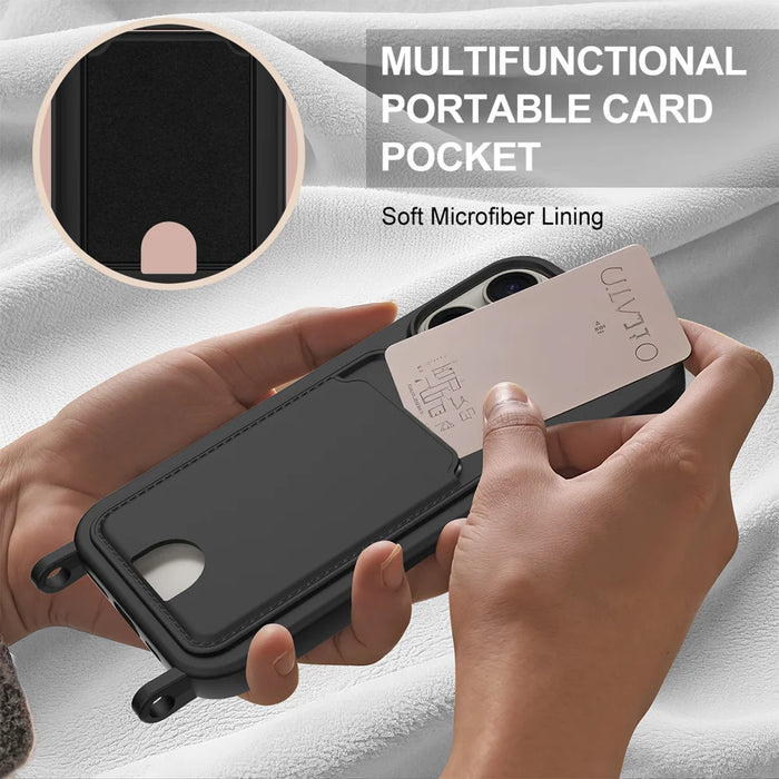 For iPhone 13 Pro Max 6.7 inch Liquid Silicone Case  Phone Back Cover with Card Holder and Short Strap - Black - 6