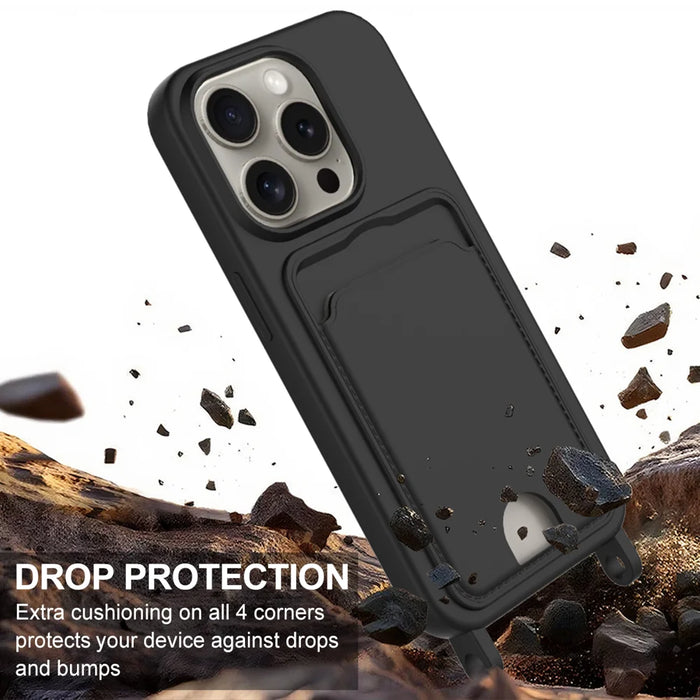 For iPhone 12 Pro Max 6.7 inch Liquid Silicone Case  Phone Back Cover with Card Holder and Short Strap - Black - 5