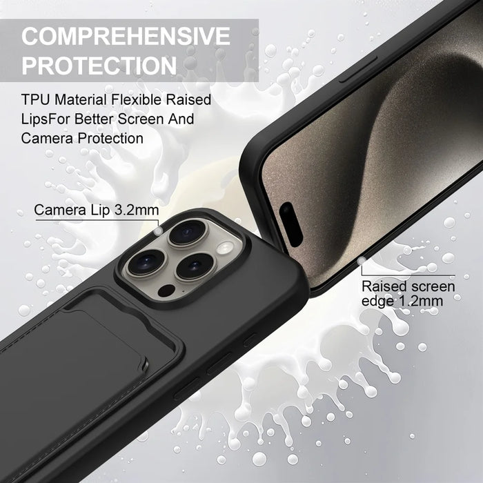 For iPhone 12 Pro Max 6.7 inch Liquid Silicone Case  Phone Back Cover with Card Holder and Short Strap - Black - 7