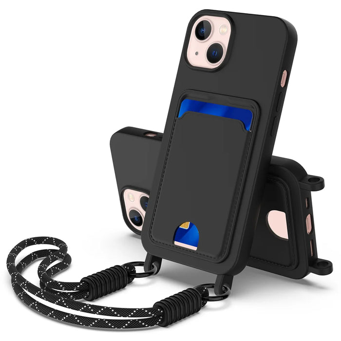 For iPhone 14 Plus / iPhone 15 Plus Liquid Silicone Case  Phone Back Cover with Card Holder and Short Strap - Black - 1