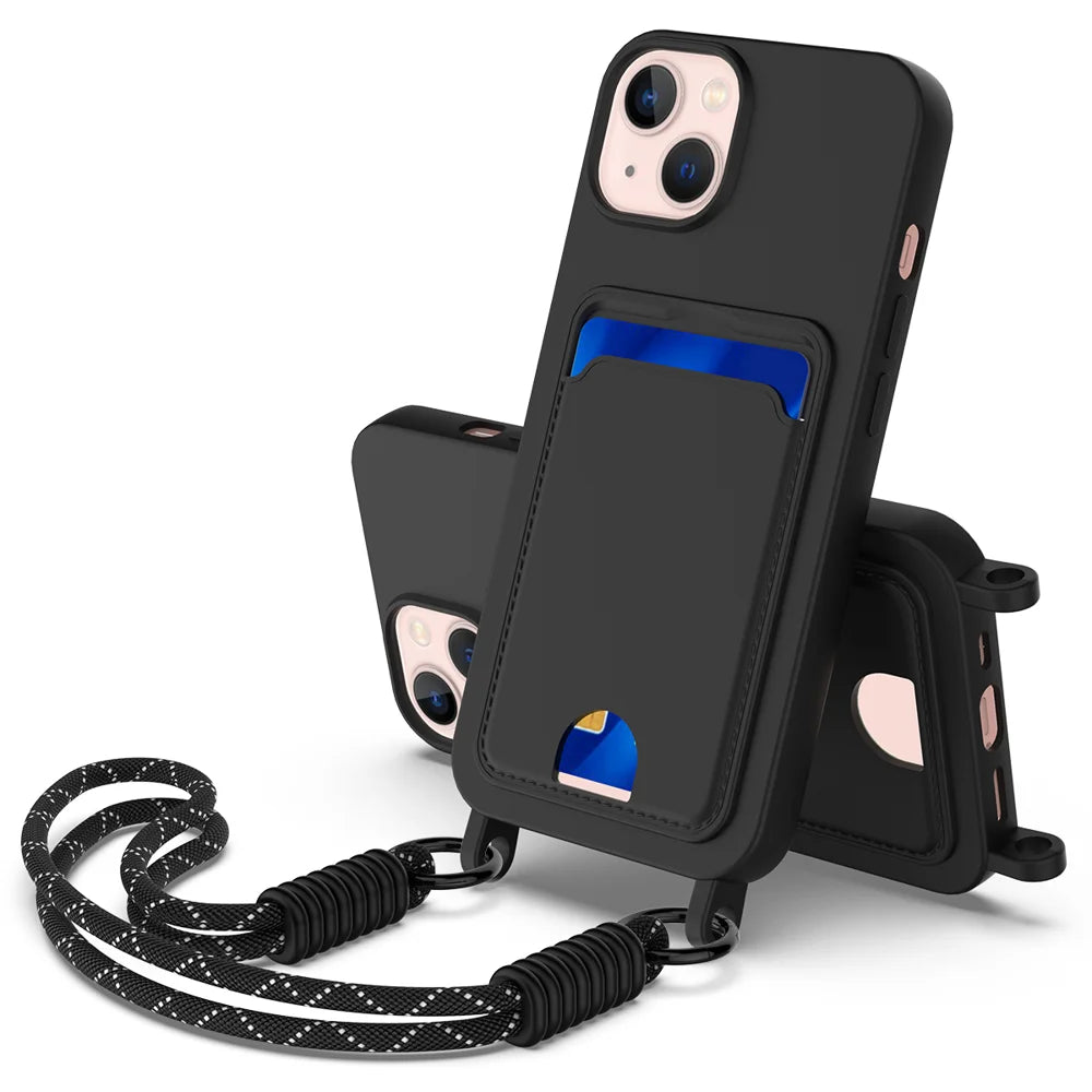 For iPhone 15 Liquid Silicone Case  Phone Back Cover with Card Holder and Short Strap - Black - 1