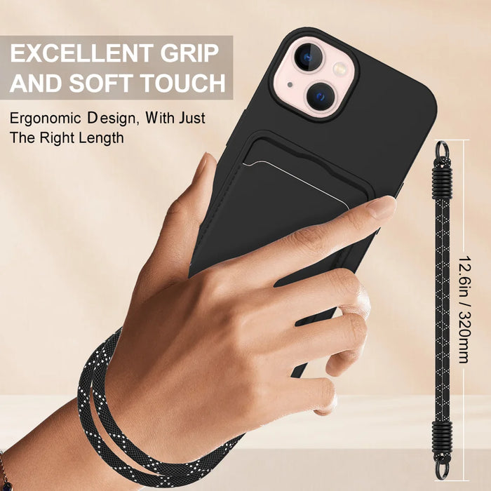For iPhone 13 6.1 inch / iPhone 14 Liquid Silicone Case  Phone Back Cover with Card Holder and Short Strap - Black - 3
