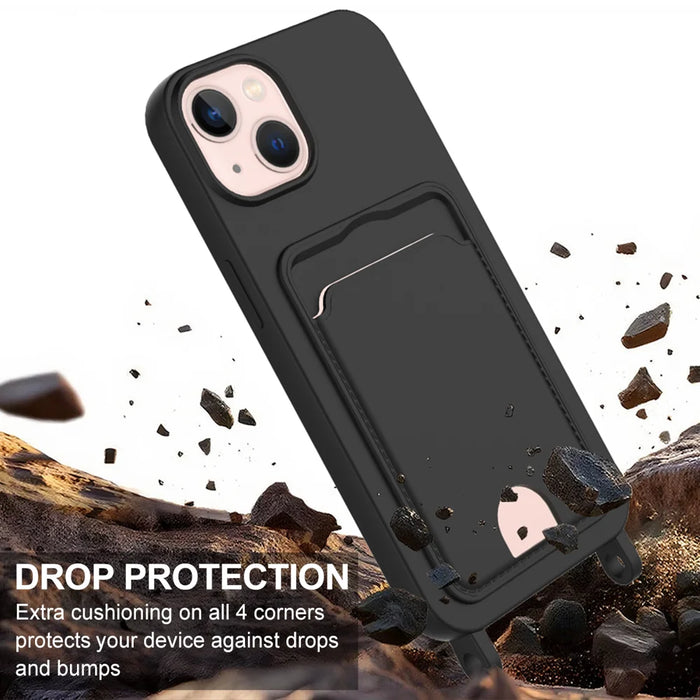 For iPhone 13 6.1 inch / iPhone 14 Liquid Silicone Case  Phone Back Cover with Card Holder and Short Strap - Black - 5