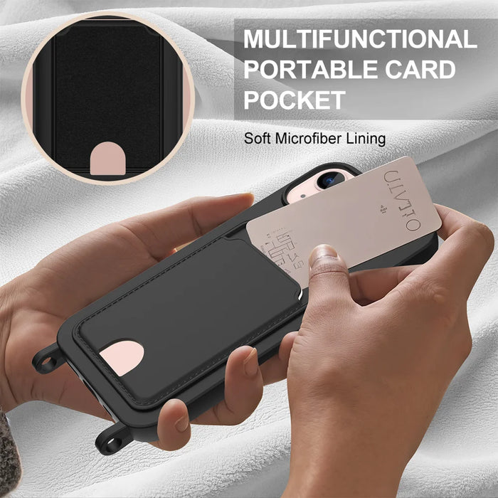 For iPhone 13 6.1 inch / iPhone 14 Liquid Silicone Case  Phone Back Cover with Card Holder and Short Strap - Black - 6