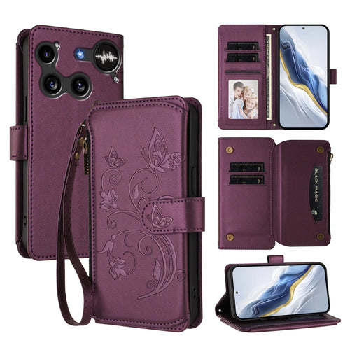 For Nothing Phone (3) 5G Leather Case Butterfly Floral Imprint Zipper Wallet Stand Cover with Wrist Strap - Purple - 1