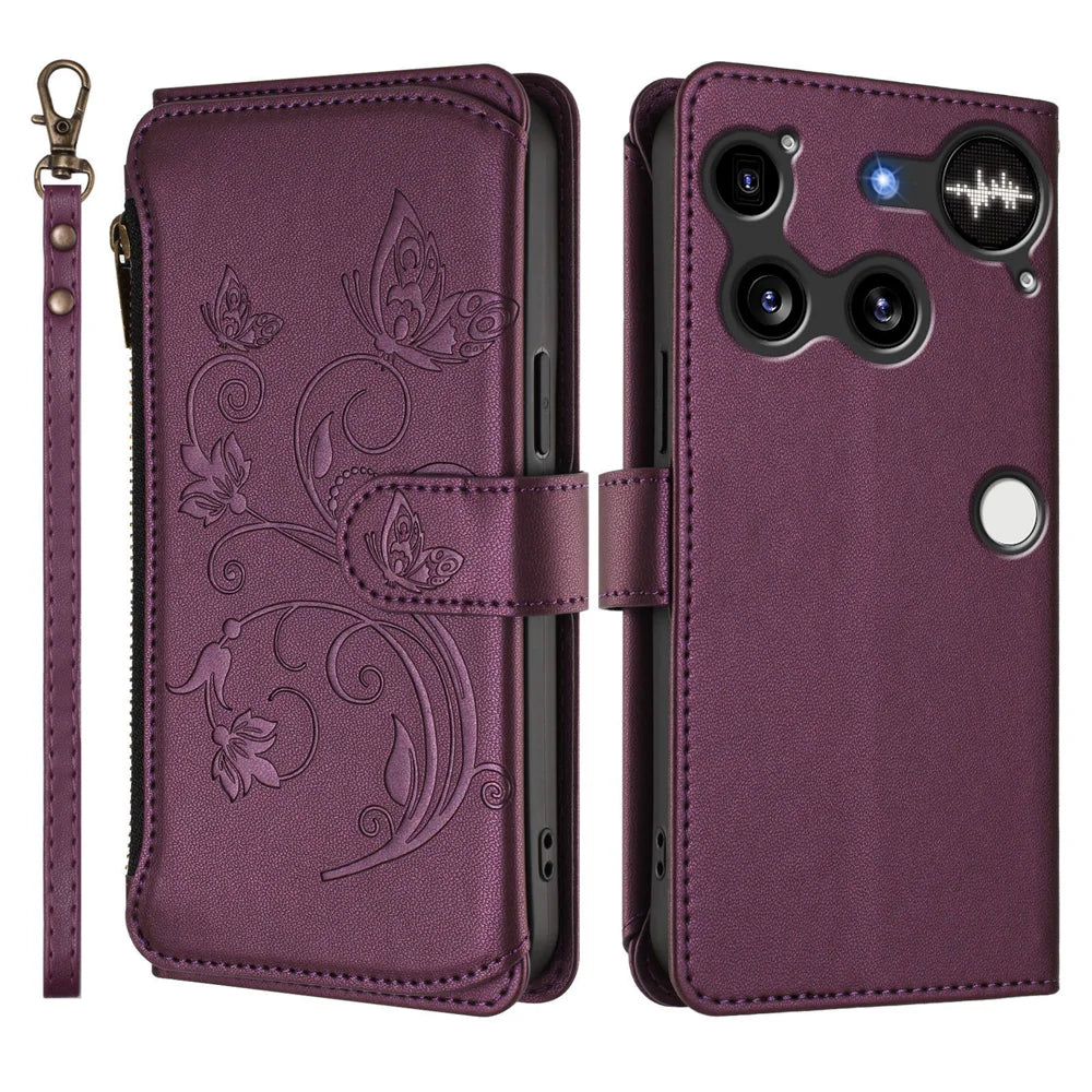 For Nothing Phone (3) 5G Leather Case Butterfly Floral Imprint Zipper Wallet Stand Cover with Wrist Strap - Purple - 2