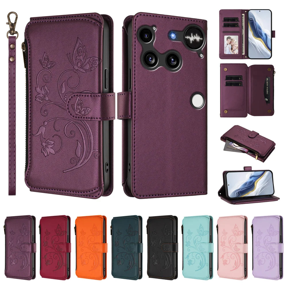 For Nothing Phone (3) 5G Leather Case Butterfly Floral Imprint Zipper Wallet Stand Cover with Wrist Strap - Purple - 3