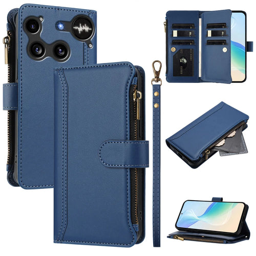 For Nothing Phone (3) 5G Leather Case 9 Card Slots Zipper Wallet Stand Phone Cover with Wrist Strap - Dark Blue - 1
