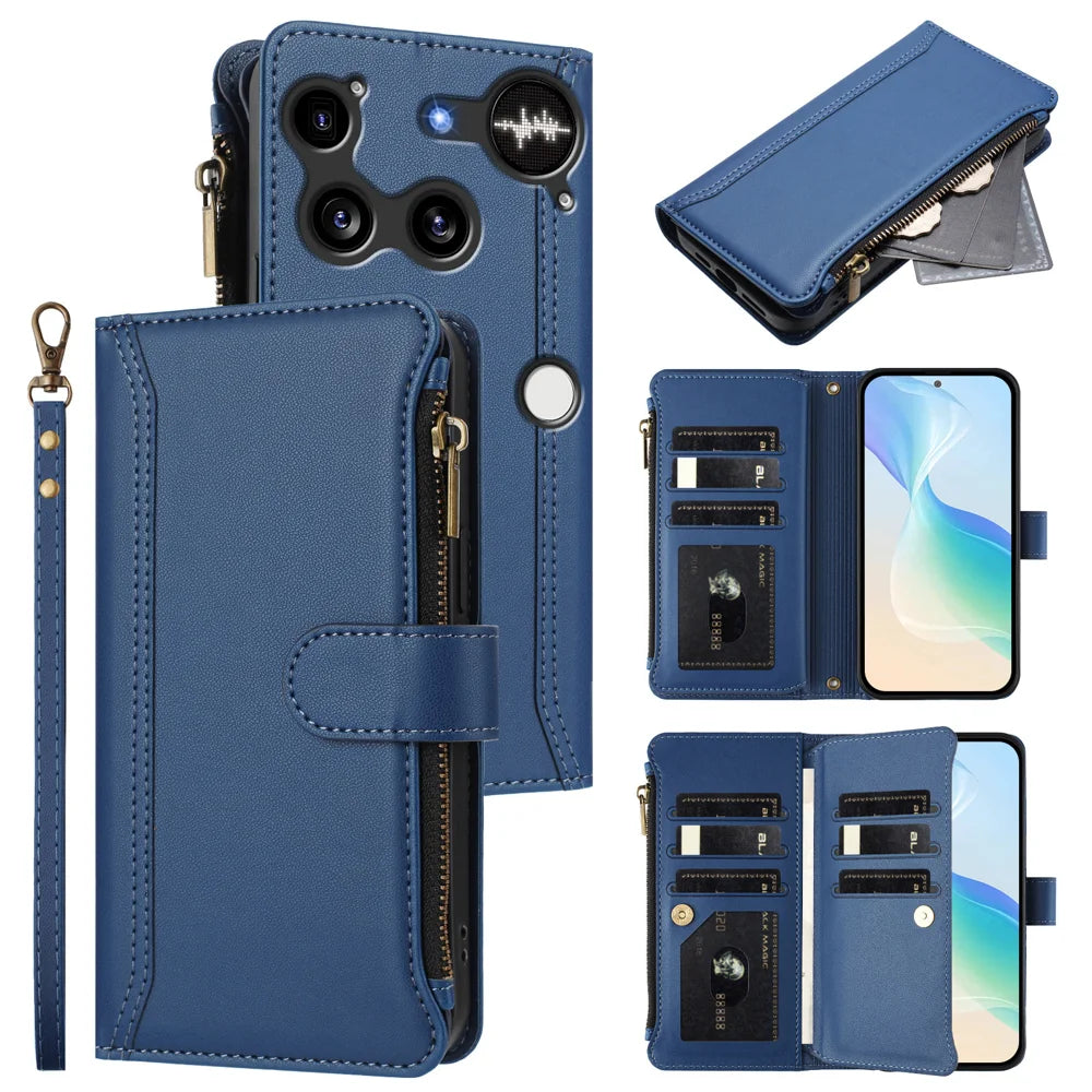 For Nothing Phone (3) 5G Leather Case 9 Card Slots Zipper Wallet Stand Phone Cover with Wrist Strap - Dark Blue - 2