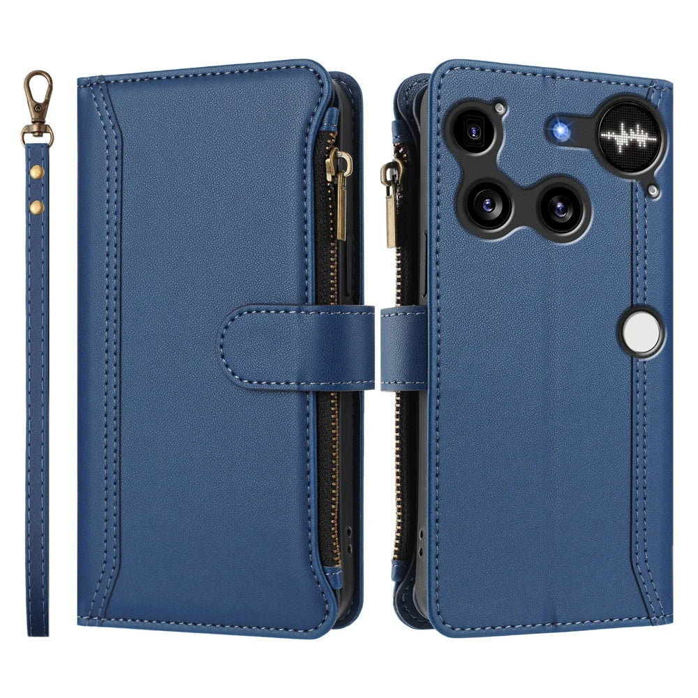 For Nothing Phone (3) 5G Leather Case 9 Card Slots Zipper Wallet Stand Phone Cover with Wrist Strap - Dark Blue - 3