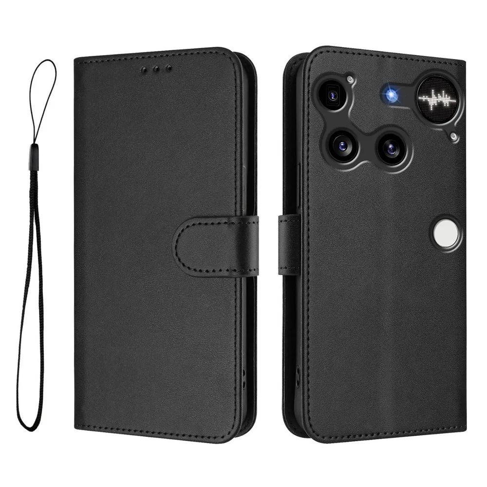 For Nothing Phone (3) 5G Wallet Case RFID Blocking Calf Texture Leather Stand Phone Cover with Strap - Black - 1