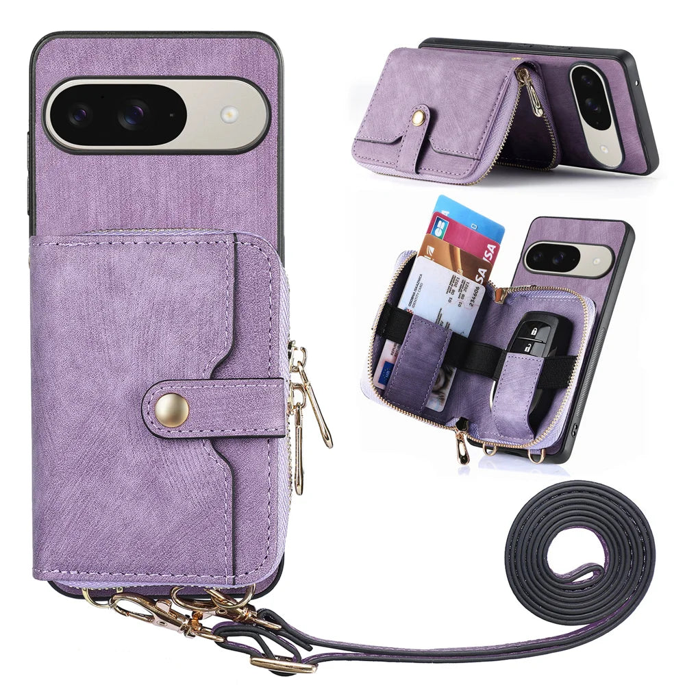 For Google Pixel 10 Pro / 10 / 9 Pro / 9 PU Leather Phone Back Cover with Zipper Card Holder and Long Strap - Purple - 1
