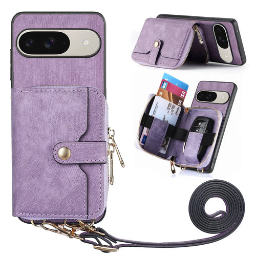 For Google Pixel 10 Pro / 10 / 9 Pro / 9 PU Leather Phone Back Cover with Zipper Card Holder and Long Strap - Purple - 1