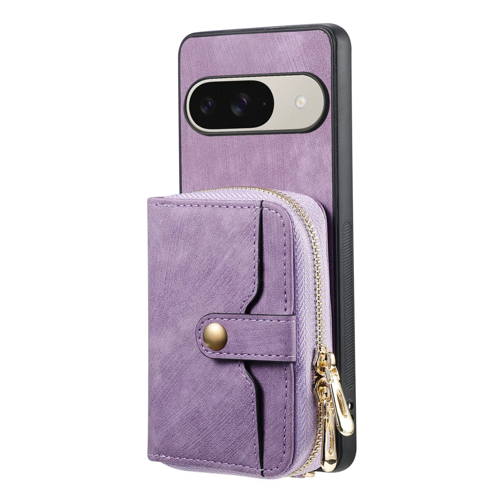 For Google Pixel 10 Pro / 10 / 9 Pro / 9 PU Leather Phone Back Cover with Zipper Card Holder and Long Strap - Purple - 4