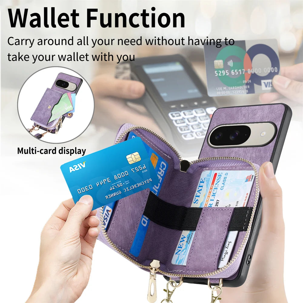 For Google Pixel 10 Pro / 10 / 9 Pro / 9 PU Leather Phone Back Cover with Zipper Card Holder and Long Strap - Purple - 6