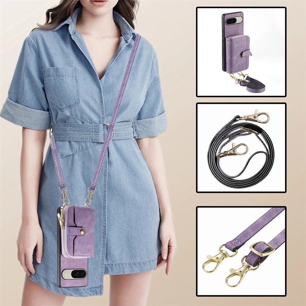 For Google Pixel 10 Pro / 10 / 9 Pro / 9 PU Leather Phone Back Cover with Zipper Card Holder and Long Strap - Purple - 7
