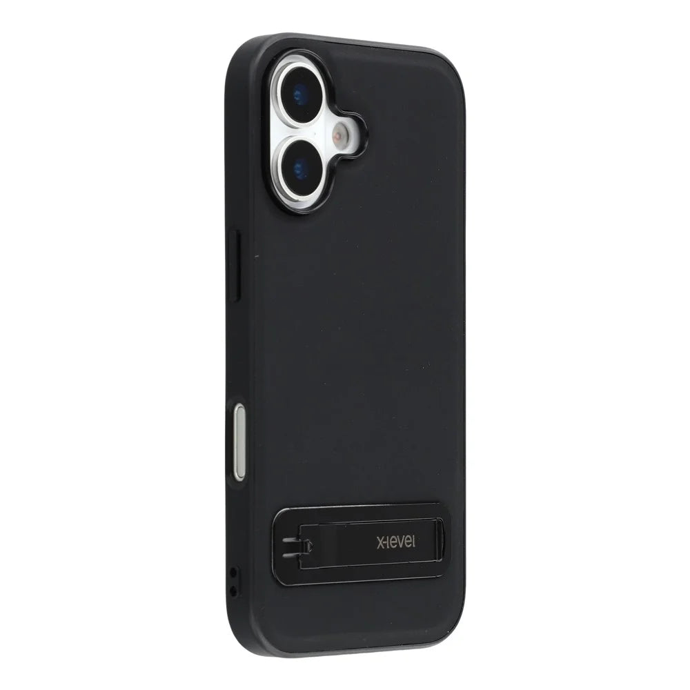 X-LEVEL For iPhone 17 Case Leather Coated PC TPU Phone Back Cover with Metal Kickstand - Black - 1
