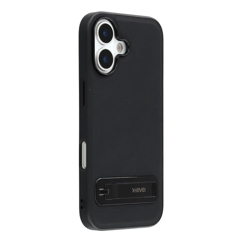 X-LEVEL For iPhone 17 Case Leather Coated PC TPU Phone Back Cover with Metal Kickstand - Black - 1