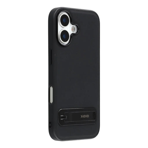 X-LEVEL For iPhone 17 Case Leather Coated PC TPU Phone Back Cover with Metal Kickstand - Black - 1