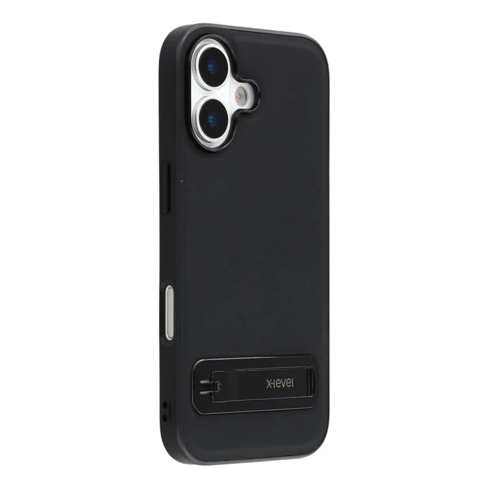 X-LEVEL For iPhone 17 Case Leather Coated PC TPU Phone Back Cover with Metal Kickstand - Black - 1