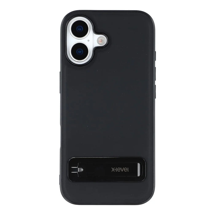 X-LEVEL For iPhone 17 Case Leather Coated PC TPU Phone Back Cover with Metal Kickstand - Black - 3